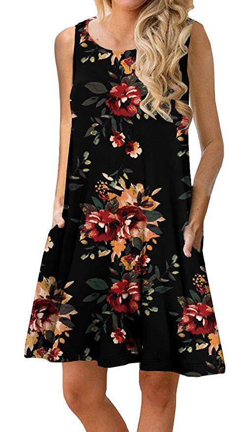 Damen ärmelloses Blumen-Minikleid mit praktischen Eingrifftaschen Drune