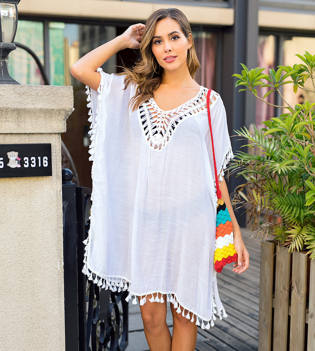 Damen luftiger Kaftan mit Fransen Drune