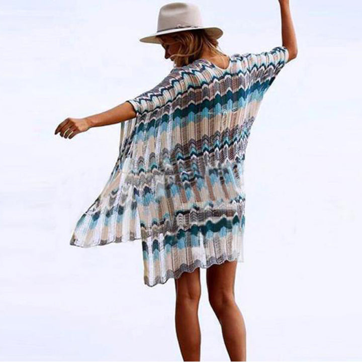 Damen lässiger Strandkimono im Wellenmuster mit offenen Ärmeln und seitlichen Schlitzen Drune