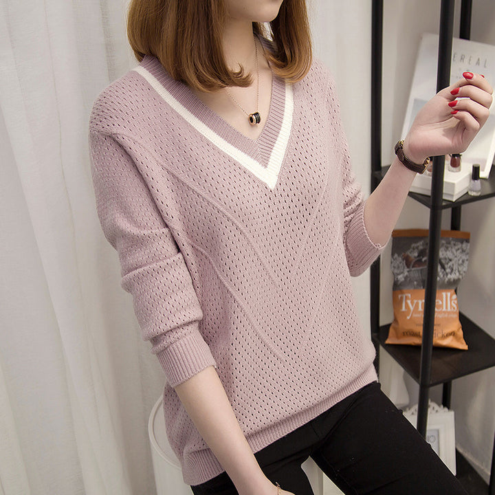 Damen Strickpullover mit modernem V-Ausschnitt und luftiger Häkelstruktur Drune