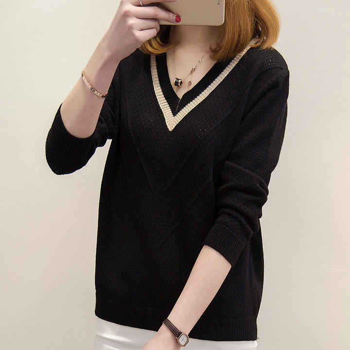 Damen Strickpullover mit modernem V-Ausschnitt und luftiger Häkelstruktur Drune