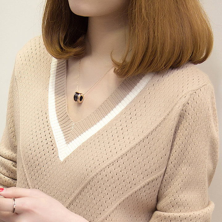 Damen Strickpullover mit modernem V-Ausschnitt und luftiger Häkelstruktur Drune