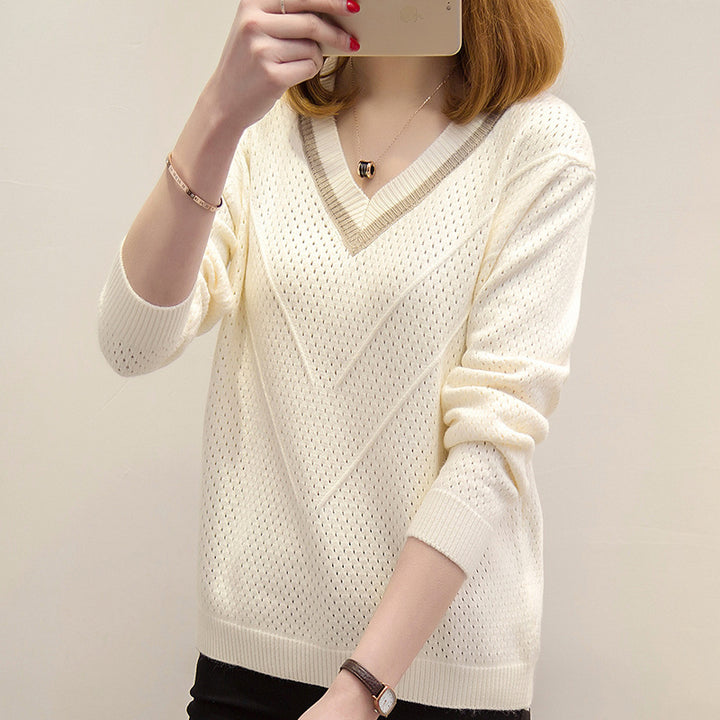 Damen Strickpullover mit modernem V-Ausschnitt und luftiger Häkelstruktur Drune