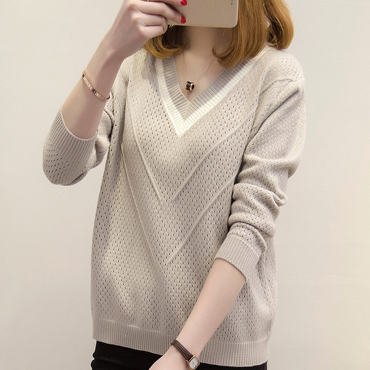 Damen Strickpullover mit modernem V-Ausschnitt und luftiger Häkelstruktur Drune