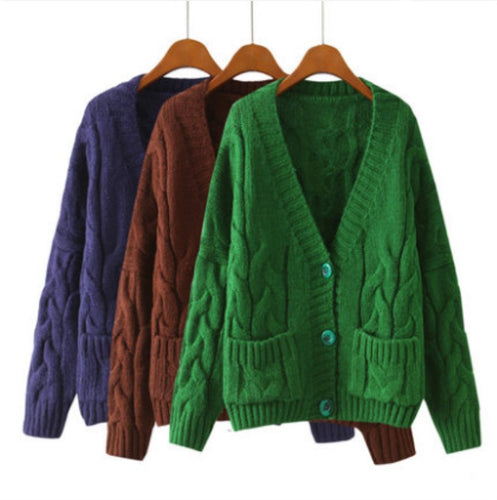 Damen Grobstrick-Cardigan mit knöpfbaren Taschen und V-Ausschnitt Drune