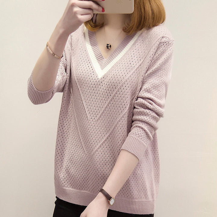 Damen Strickpullover mit modernem V-Ausschnitt und luftiger Häkelstruktur Drune