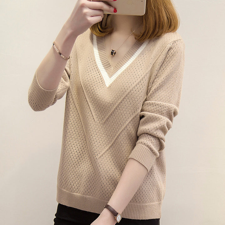 Damen Strickpullover mit modernem V-Ausschnitt und luftiger Häkelstruktur Drune