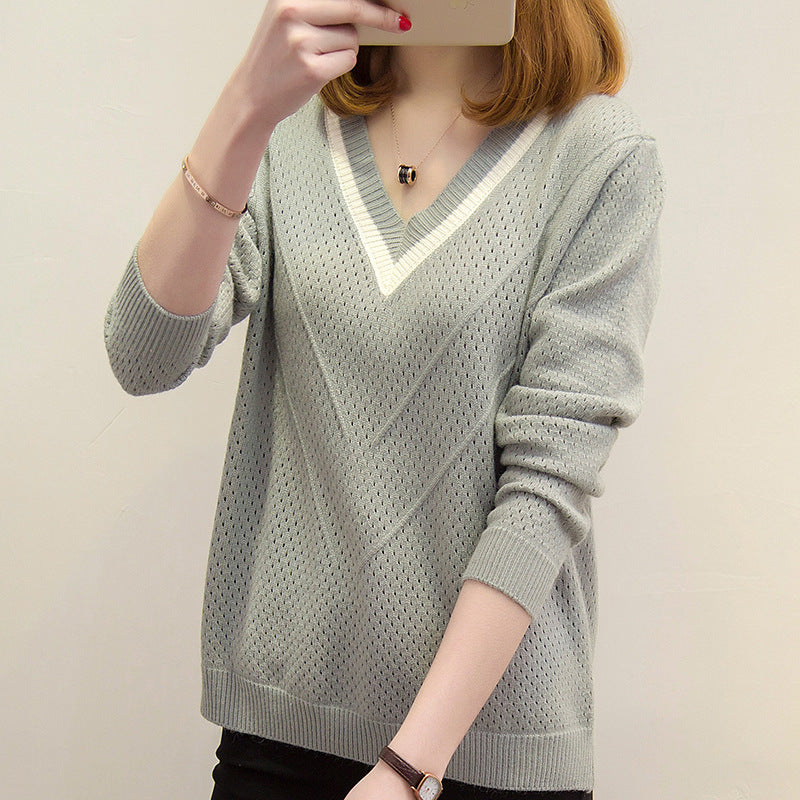 Damen Strickpullover mit modernem V-Ausschnitt und luftiger Häkelstruktur Drune