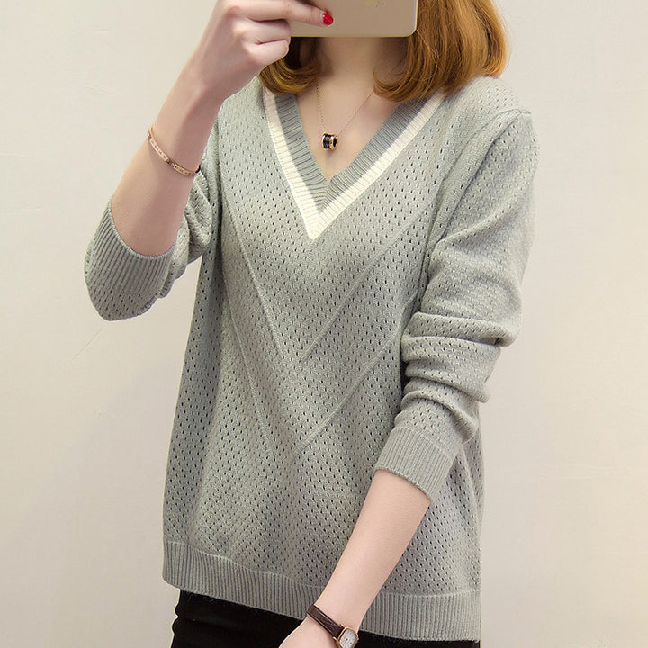 Damen Strickpullover mit modernem V-Ausschnitt und luftiger Häkelstruktur Drune