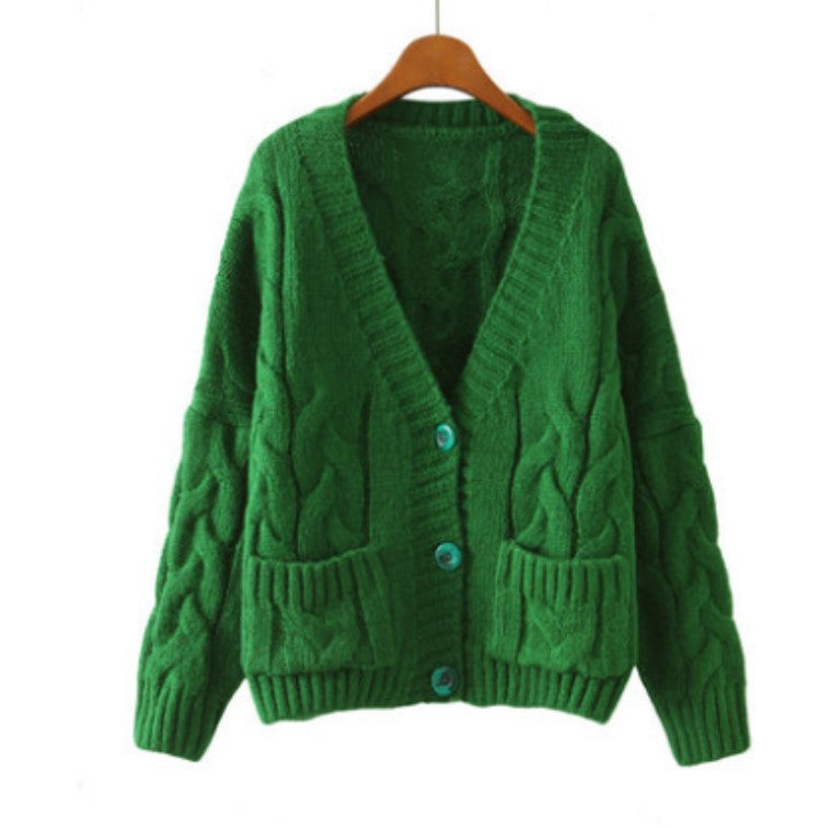 Damen Grobstrick-Cardigan mit knöpfbaren Taschen und V-Ausschnitt Drune