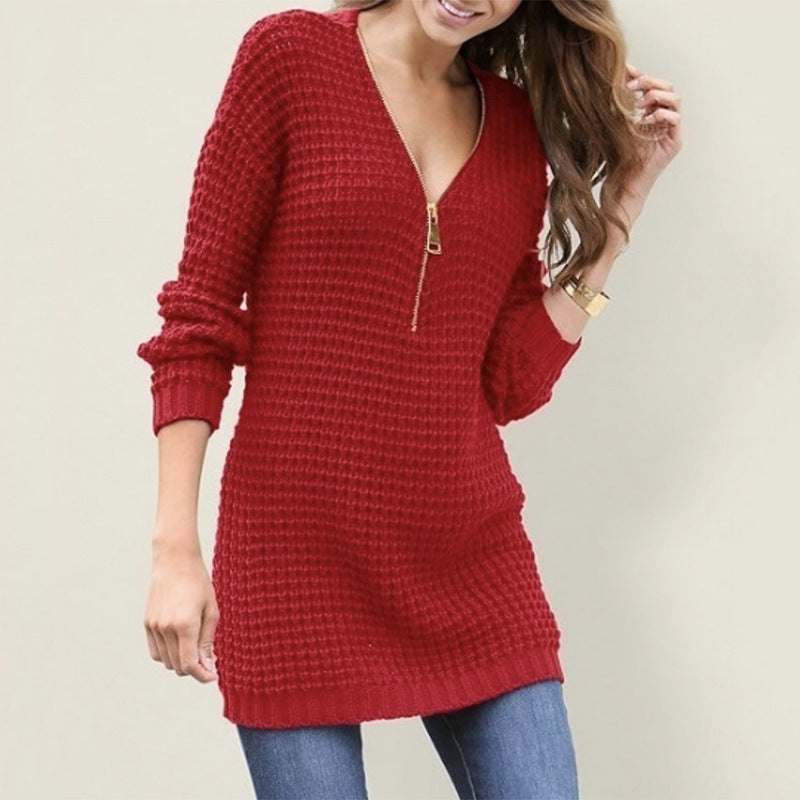 Damen Strickpullover mit Reißverschluss und elastischem Saum Drune