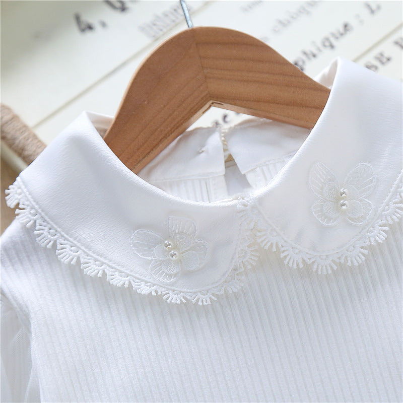 Damen festliche Bluse mit Tüllärmeln und besticktem Kragen Drune