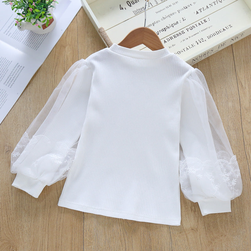 Damen Bluse mit transparenten Tüllärmeln und feinen Stickereien Drune