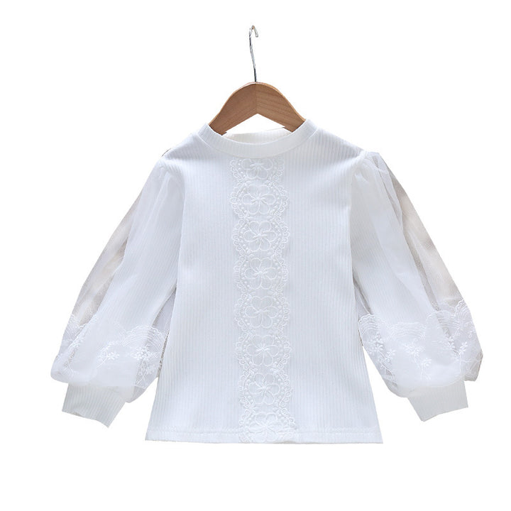 Damen Bluse mit transparenten Tüllärmeln und feinen Stickereien Drune
