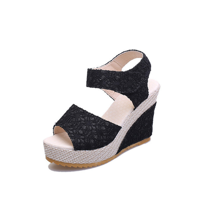 Damen nan elegante Keil-Espadrille mit gewebter Bastplattform, strukturiertem Textilobermaterial und verstellbarem Klettriemen Drune