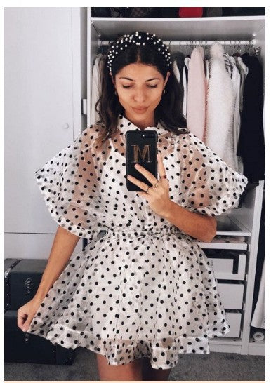 Damen Polka-Dots Chiffon-Kleid mit voluminösen Ärmeln und elastischer Taille Drune