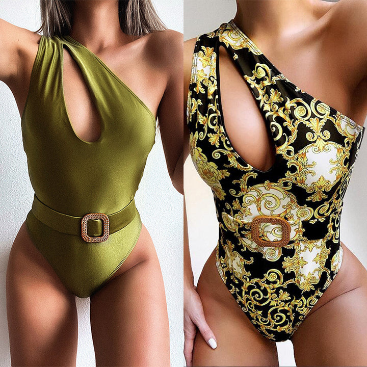 Damen Cut-Out Einteiler Badeanzug mit asymmetrischem Design und Taillengürtel Drune