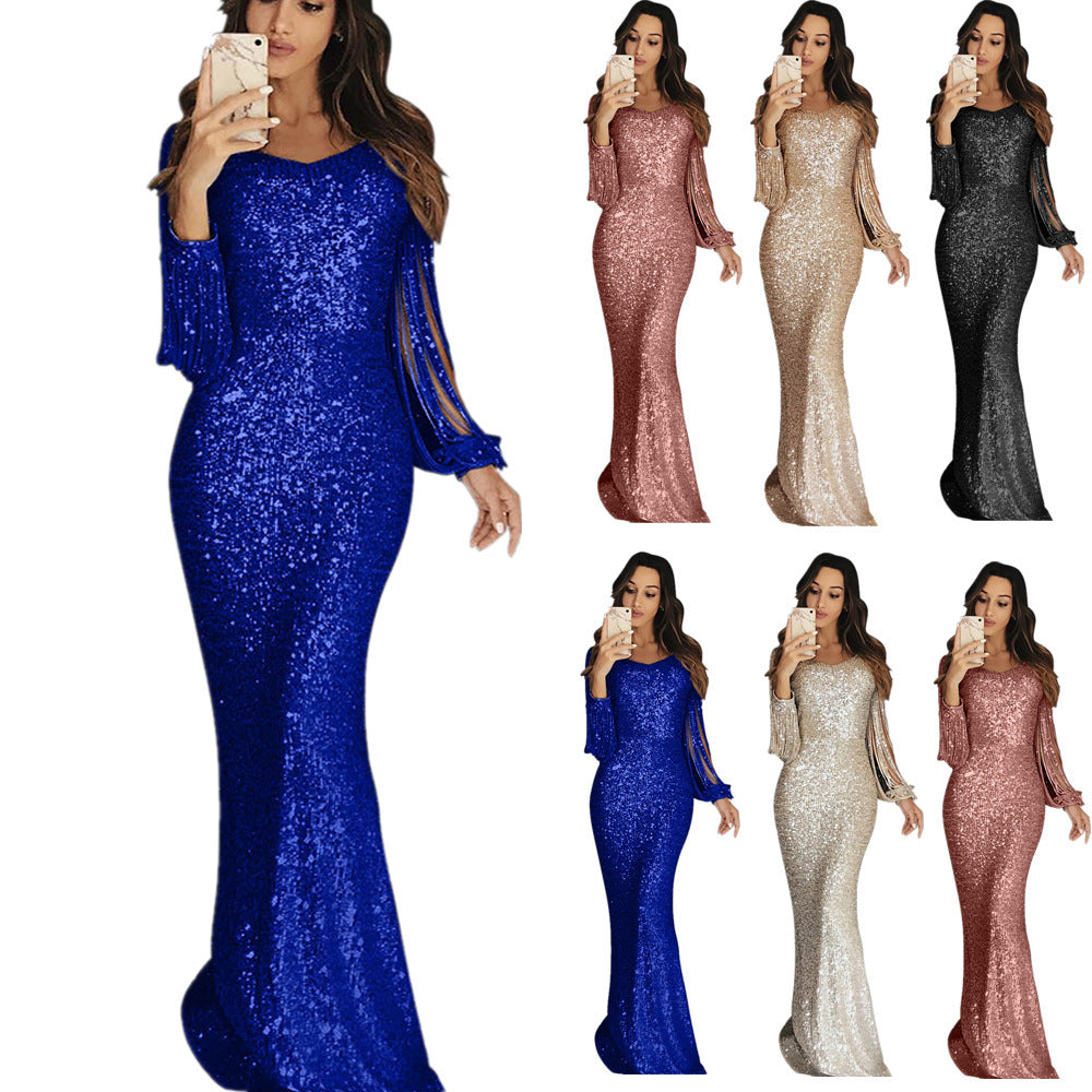 Damen elegantes Pailletten Abendkleid mit schmeichelndem Schnitt und langen Ärmeln Drune