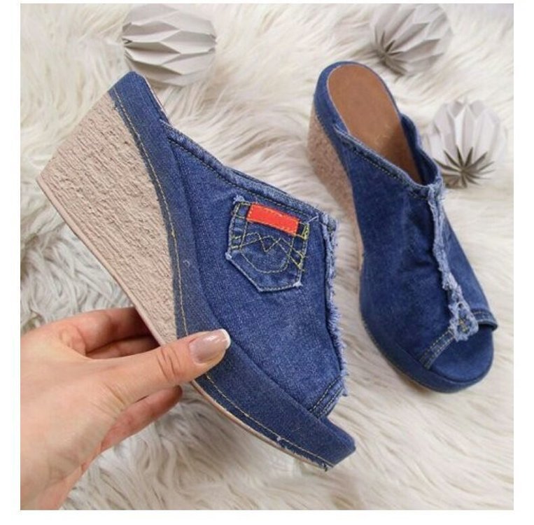 Damen nan Jeans-Pantolette mit offener Zehenpartie, fransigem Saum und Bastkeilabsatz Drune