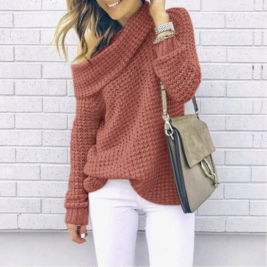 Damen Off-Shoulder-Strickpullover mit lässigem Schnitt und strukturiertem Muster Drune