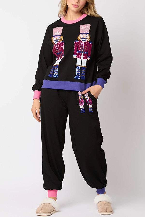 Drune | Weihnachtsmann Pailletten Freizeit Sweatshirt und elastische Taillen lockere Taschenhose Set