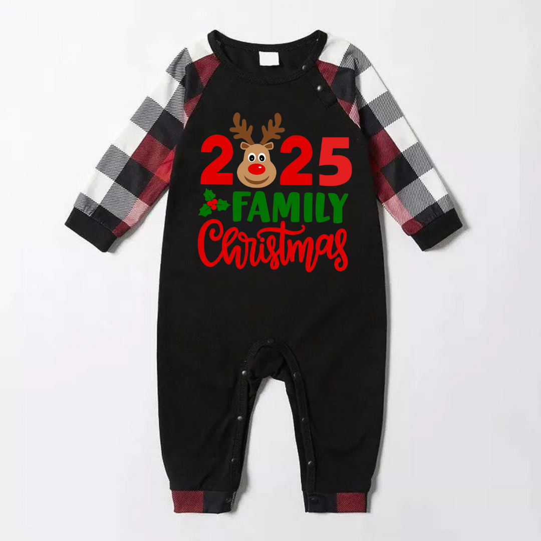 Drune | "2025 Familientag Weihnachten" Moose Letter Prints Rot & Schwarz & Grau & Weiß Kariert Familienstil Schlafanzüge