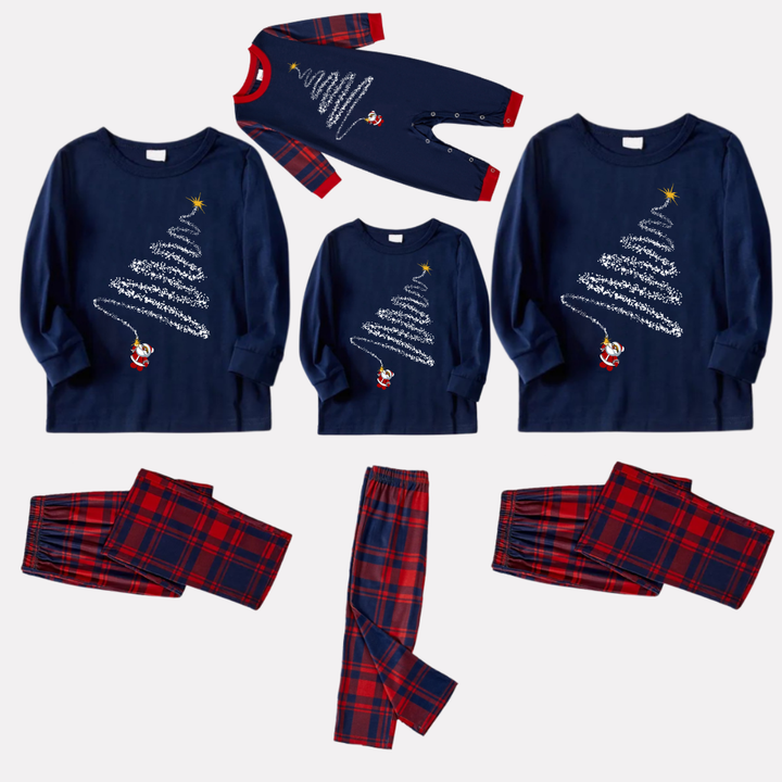 Drune | Santa Claus Druck Blau Langarmshirt mit Rot- und Blau-karierter Weihnachtsfamilienpassender Schlafanzug