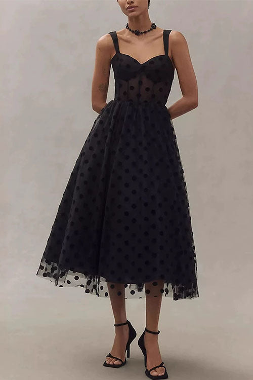 Drune | Rosiekleid V-Ausschnitt Polka Dot Mesh A-Linie Midi Cami Kleid