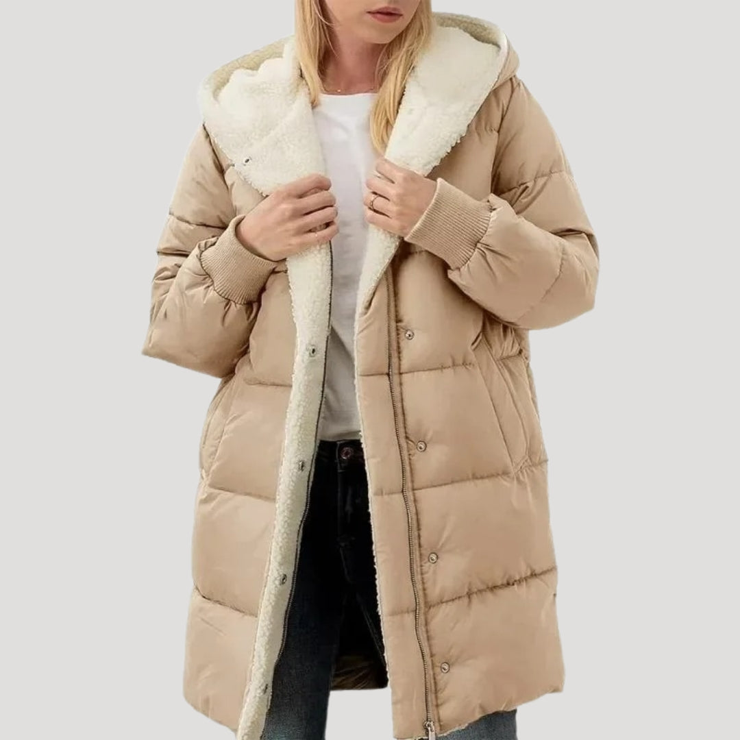 Drune | Damen langer Puffermantel – mit Kunstfell gefütterte Winterjacke