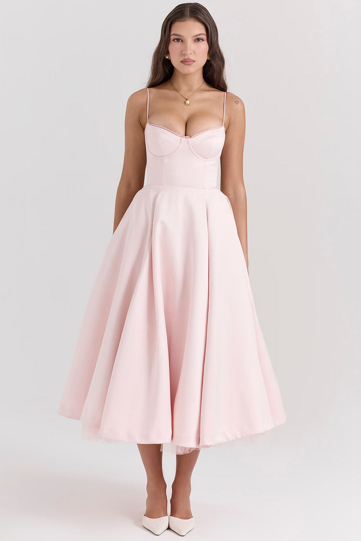Drune | A-linie Midi Kleid Spaghetti Träger Spitzen Detail Elegante Formelle Kleidung