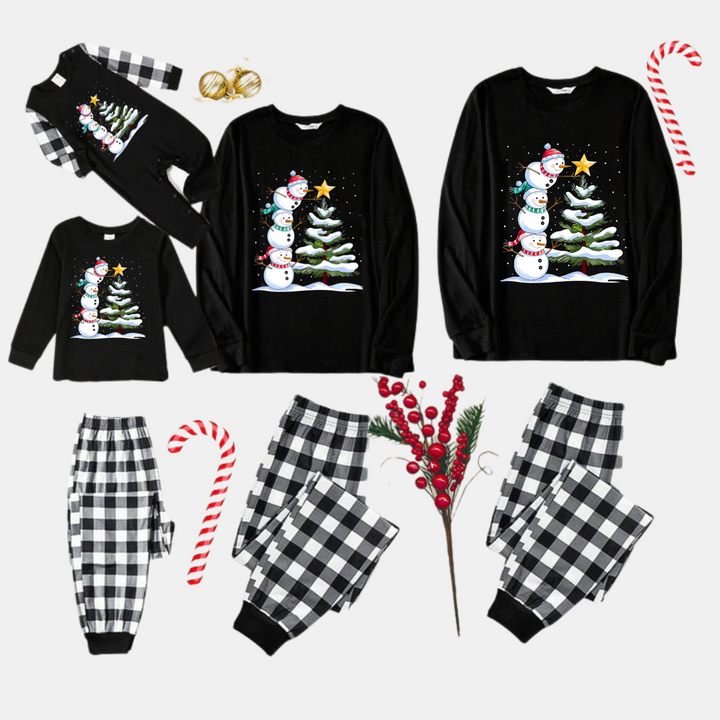 Drune | Schwarz-weiß kariertes Weihnachts-Pyjama-Set mit Schneemann- und Weihnachtsbaumdruck