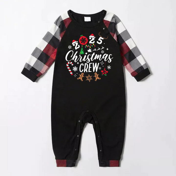 Drune | "2025 Weihnachts CREW " Text Gedrucktes Muster - Schwarzes Oberteil mit Rot&Schwarz&Weiß Karierter Ärmeln - Familienpassende Schlafanzüge