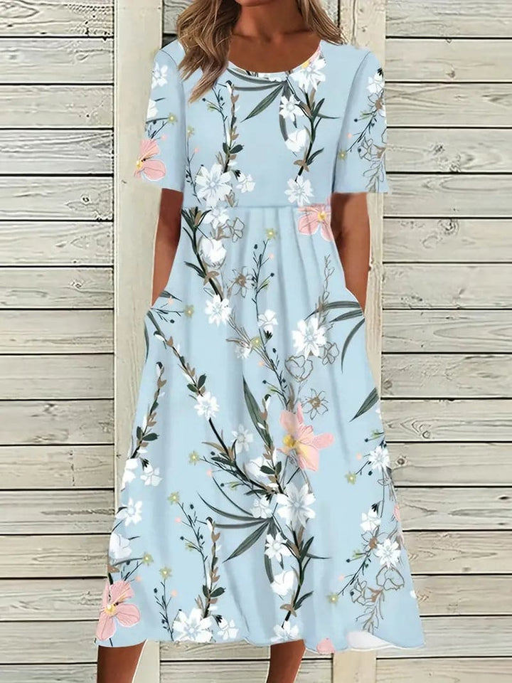 Drune | Midi Kleid Blumendes Muster Rundhals Kurze Ärmel Luftig und Bequem