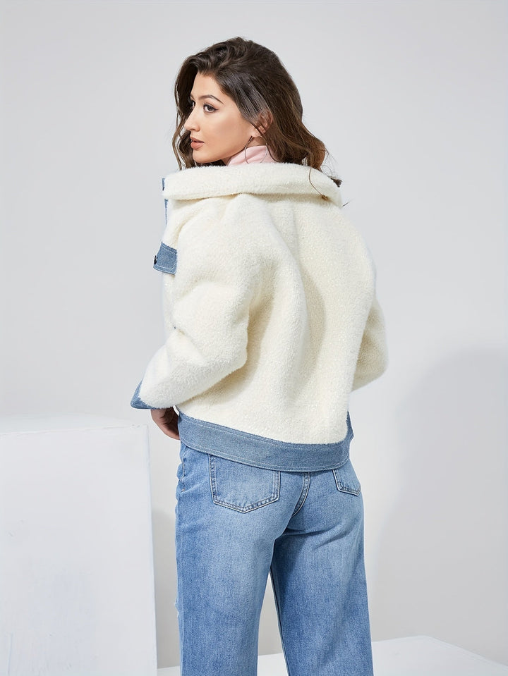 Drune | Kurze Teddyjacke mit Denimdetails Polyester und Baumwolle Trendy und Komfortabel