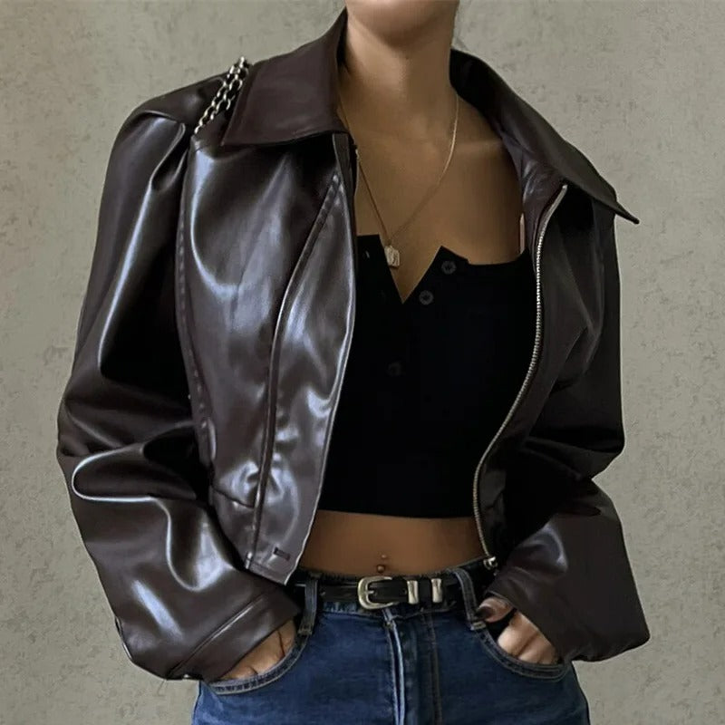 Drune | Braune PU-Leder Damen Sommerjacke mit Reverskragen