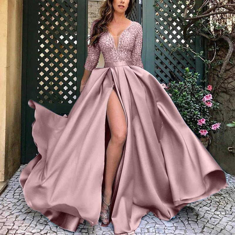 Damen Elegantes Abendkleid mit tiefem V-Ausschnitt und hohem Schlitz Drune