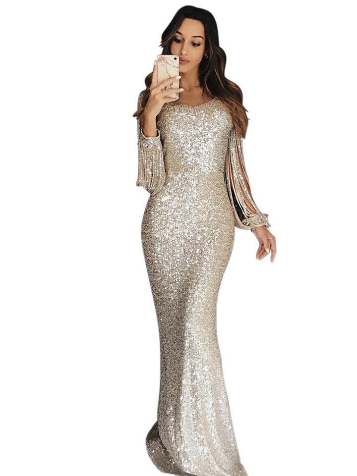 Damen elegantes Pailletten Abendkleid mit schmeichelndem Schnitt und langen Ärmeln Drune