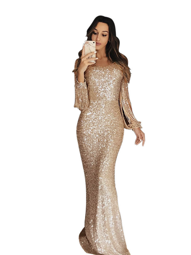 Damen elegantes Pailletten Abendkleid mit schmeichelndem Schnitt und langen Ärmeln Drune