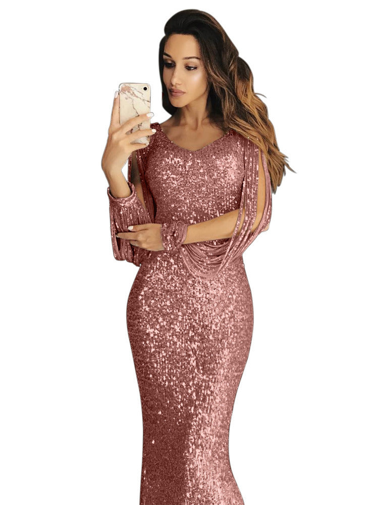 Damen elegantes Pailletten Abendkleid mit schmeichelndem Schnitt und langen Ärmeln Drune