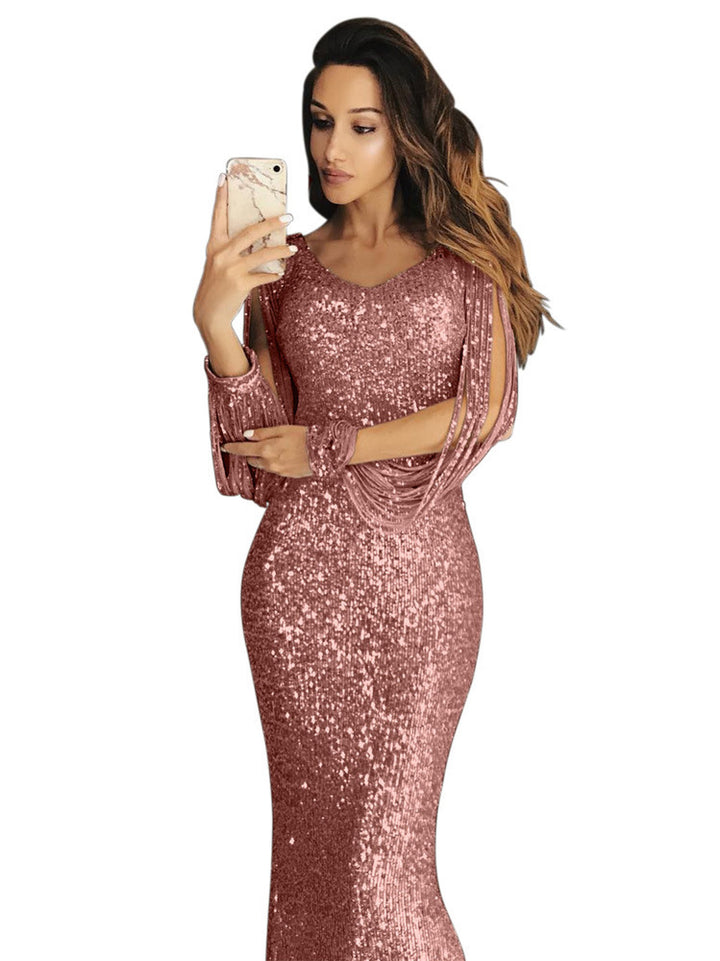 Damen elegantes Pailletten Abendkleid mit schmeichelndem Schnitt und langen Ärmeln Drune