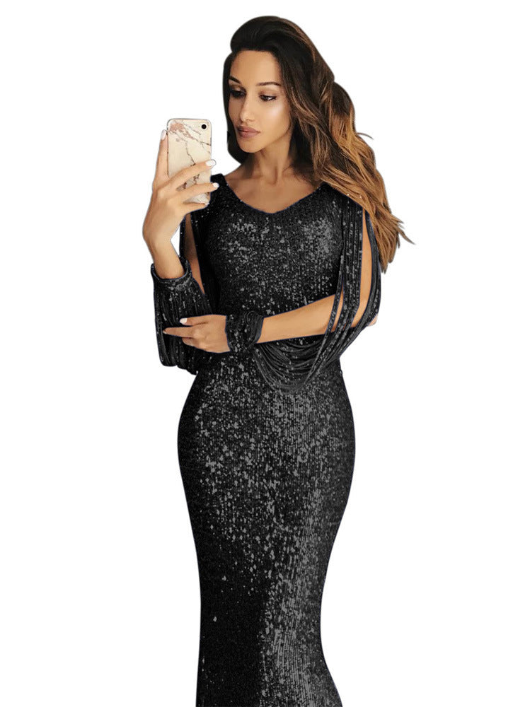 Damen elegantes Pailletten Abendkleid mit schmeichelndem Schnitt und langen Ärmeln Drune