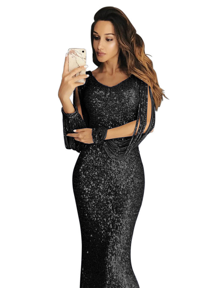 Damen elegantes Pailletten Abendkleid mit schmeichelndem Schnitt und langen Ärmeln Drune