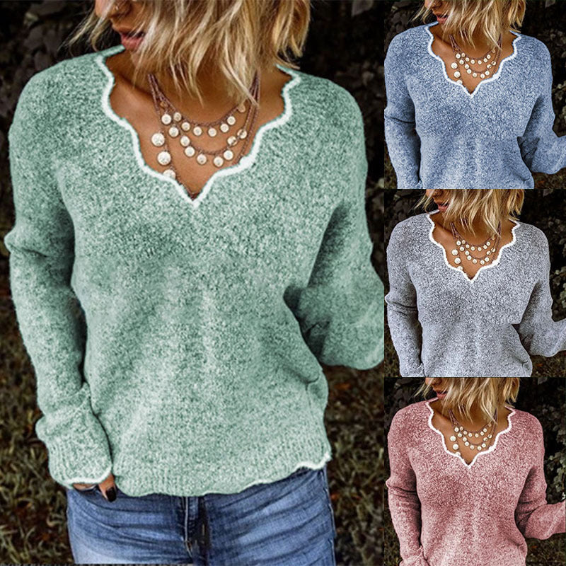 Damen kuscheliger Strickpullover mit tiefem V-Ausschnitt und gewellten Abschlüssen Drune