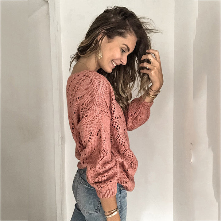 Damen lässige Strickjacke mit filigranem Lochmuster und Knopfdetails Drune