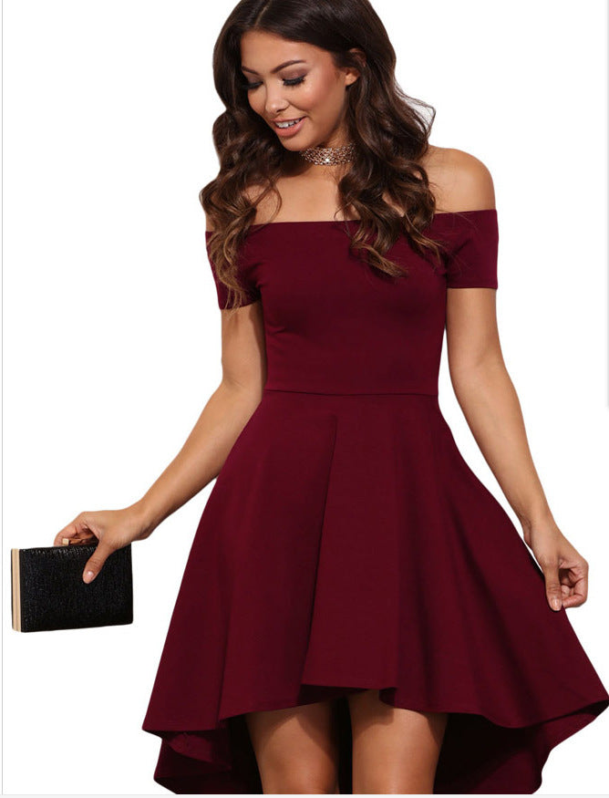 Damen Off-Shoulder Kleid mit asymmetrischem Saum und fließendem Rock Drune