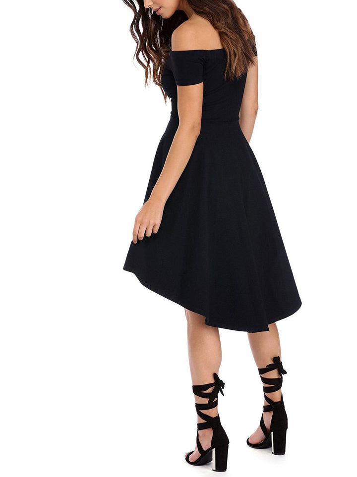 Damen Off-Shoulder Kleid mit asymmetrischem Saum und fließendem Rock Drune