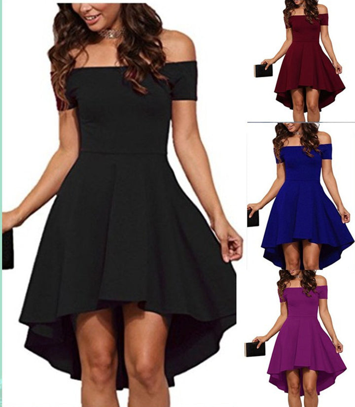Damen Off-Shoulder Kleid mit asymmetrischem Saum und fließendem Rock Drune