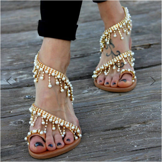 Drune | Orthopädische Sandalen Flache Perle Bequeme String Perlen Hausschuhe