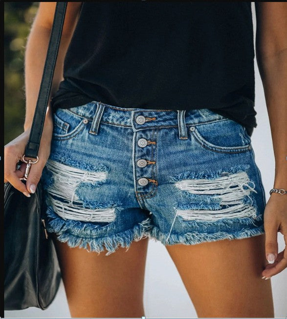 Damen lässige Destroyed Jeansshorts mit Knopfleiste und fransigem Saum Drune