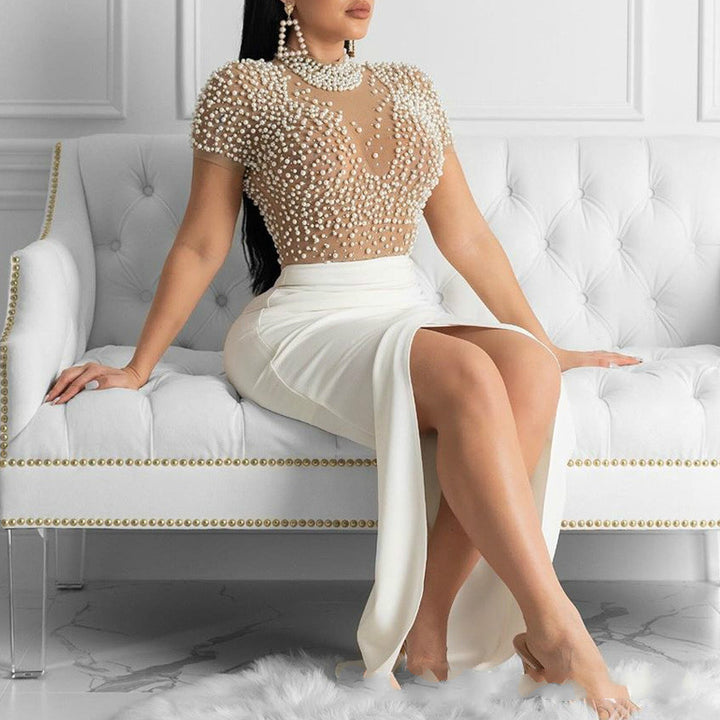 Damen elegantes Maxikleid mit transparentem Oberteil und schimmernden Perlen Drune